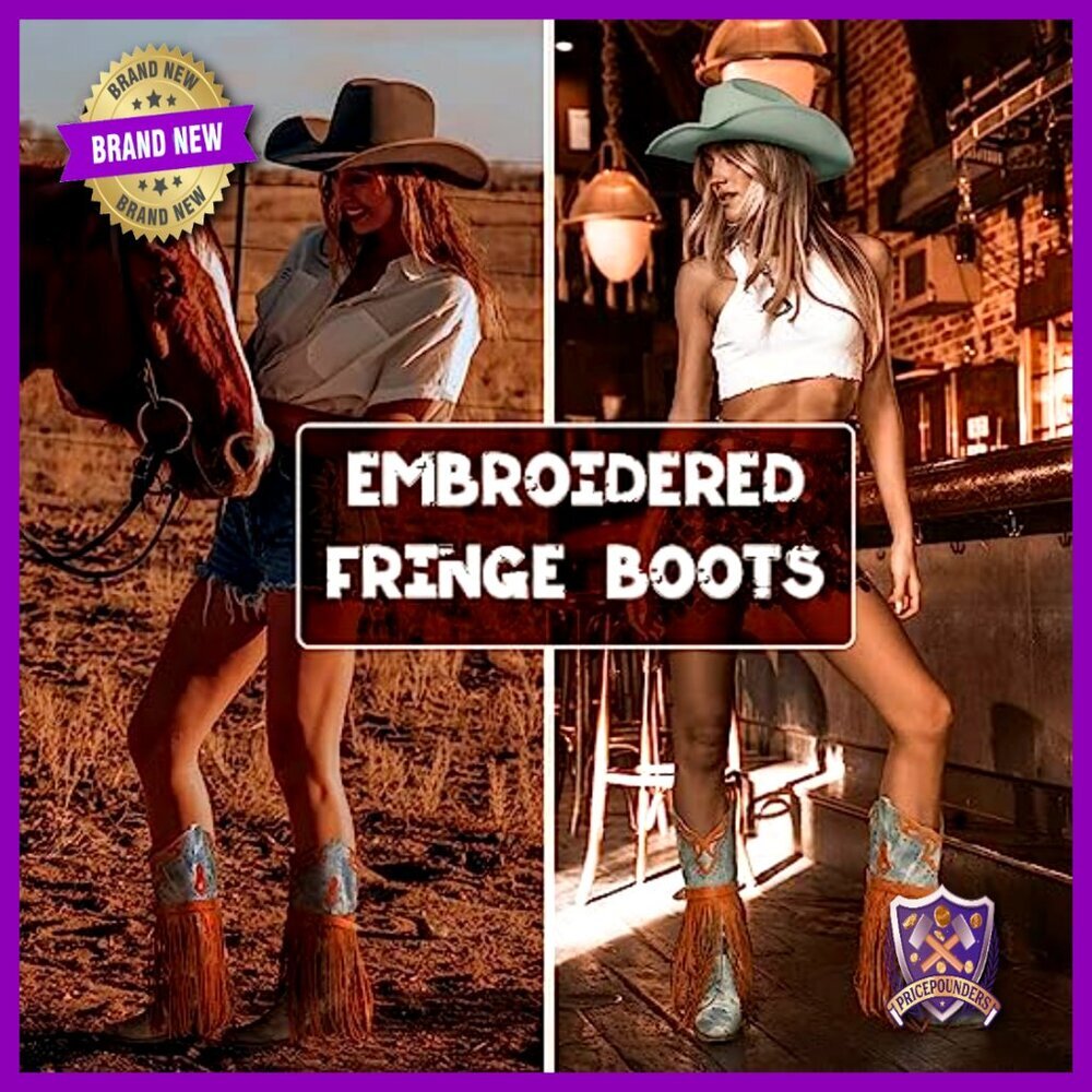 Western Booties Pointed Toe Chunky Heel Embroidered Fringe Pull-On Mid Calf - Picture 4 of 7